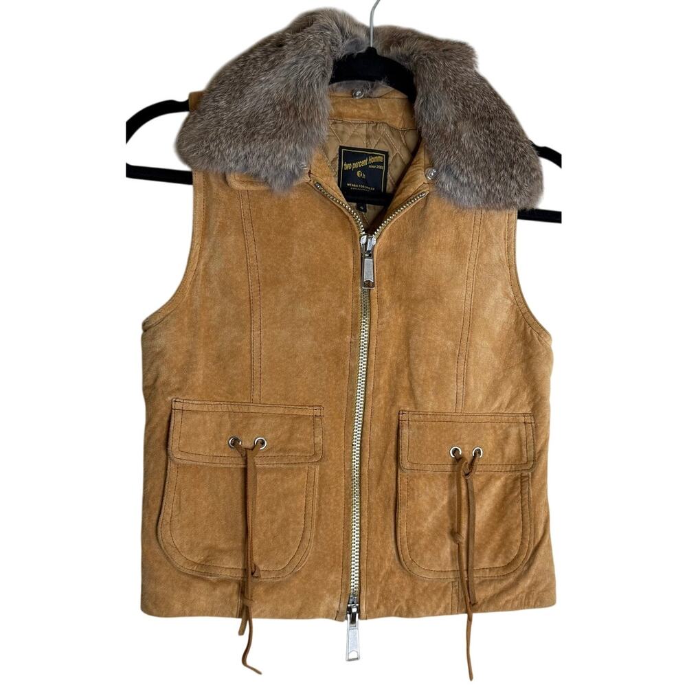 Two Percent Homme Vest Women Small Brown Pig Suede Rabbit Fur Collared Full Zip
